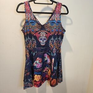 Colorful Sugar Skull Catrina V-Neck Tank Dress Sz M